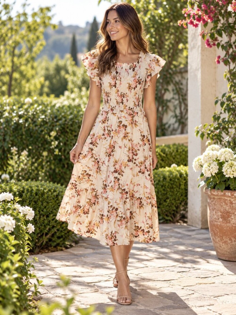 SEA Women's Ivory Floral Smocked Tiered Flutter-Sleeve Midi Dress Size 6